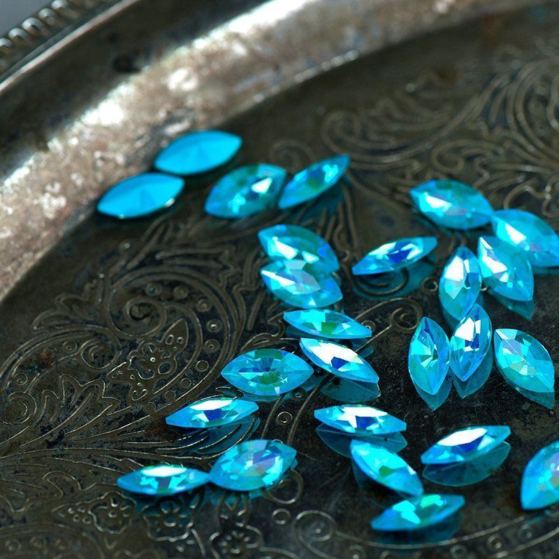 кабошон стекло кристалл, navette, цвет aquamarine shimmer, 12х6 мм