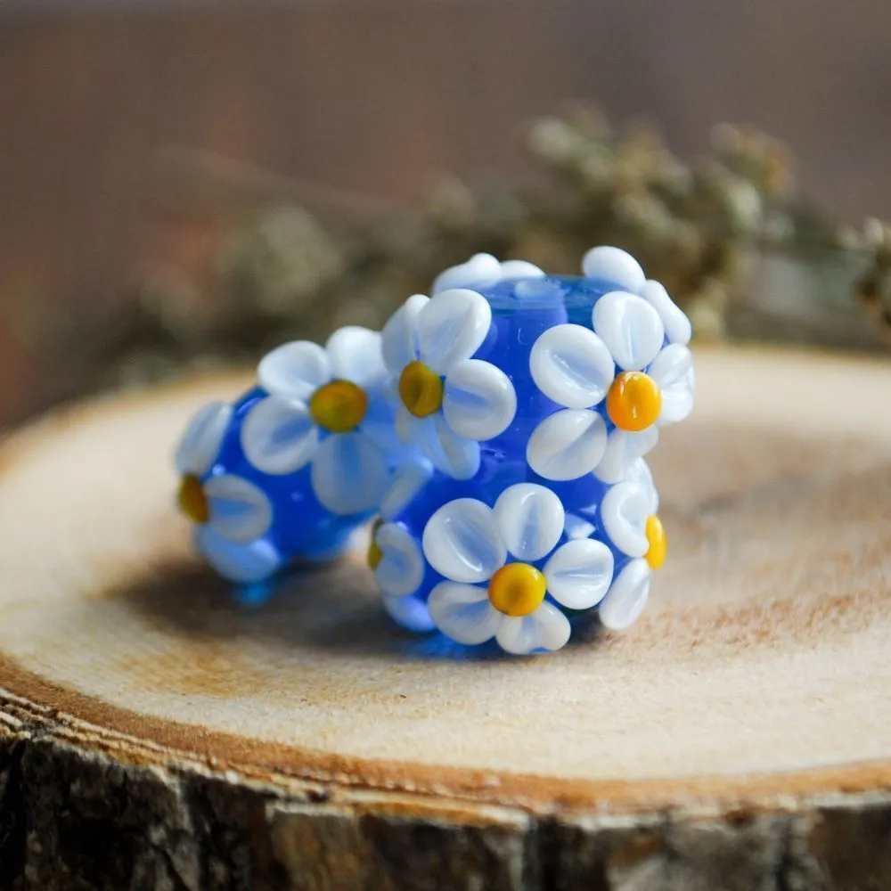 бусина, мурано "ромашка на голубом", абакус,16х8 мм