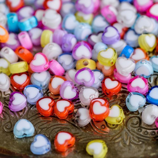 бусина, акрил "сердечки", цветовой микс, 8x7x4 мм