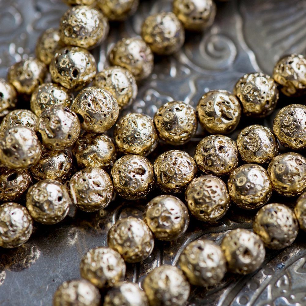 бусина лава натуральная 6, цвет светлое золото металлик, 6 мм