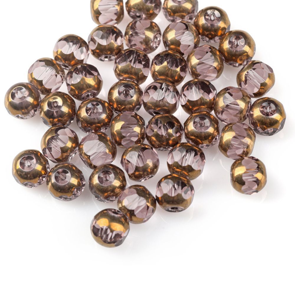 бусина, стекло, граненая, цвет дымчато-розовый/золото, 8 мм