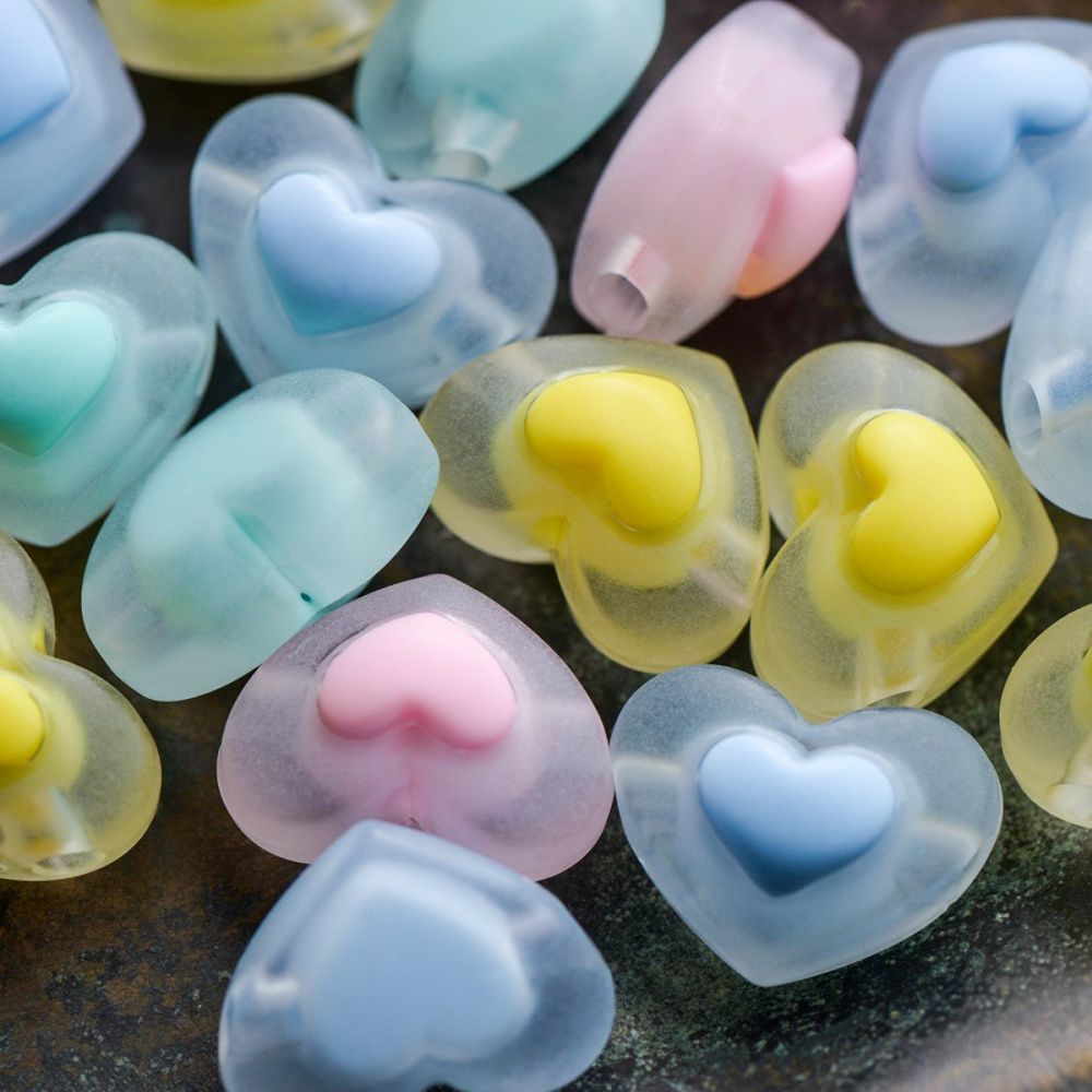 бусина, акрил "сердце", цветовой микс матовый, 13x17x9.5мм