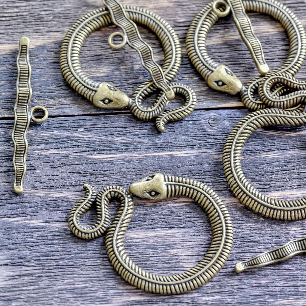 Замочки тоггл "снейк", цвет античная бронза, 46x36x3 мм