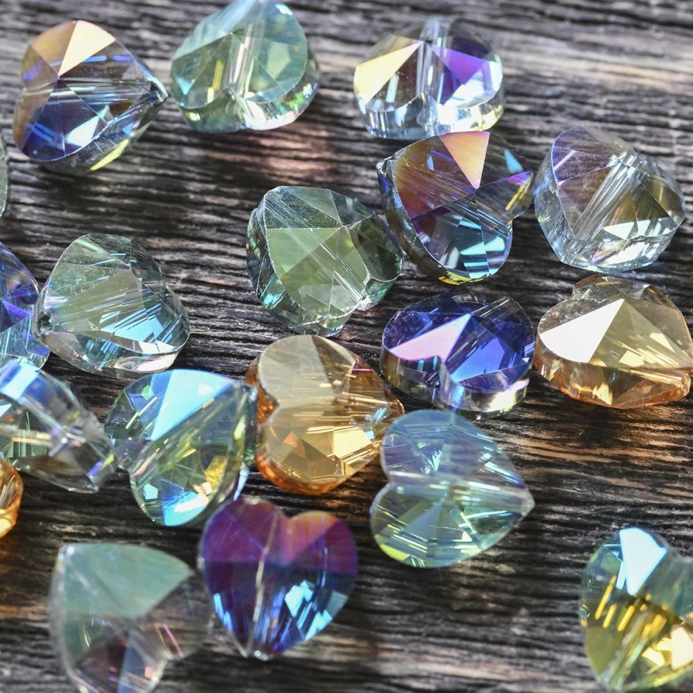 бусина, стекло, "сердце", граненая, цветовой микс радужный, 10x10x7 мм