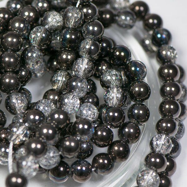 бусина, стекло "кракле", цвет прозрачный/гематитовый, 8 мм