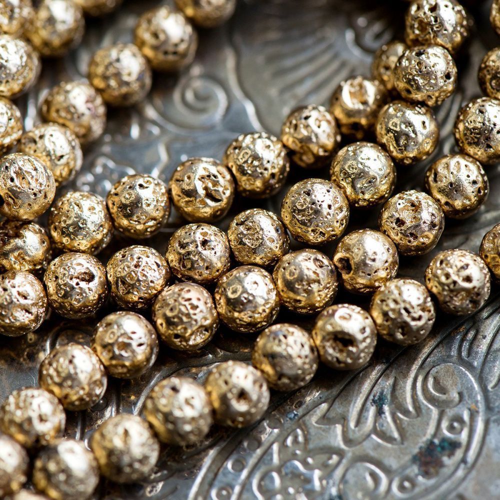 бусина лава натуральная 6, цвет светлое золото металлик, 6 мм