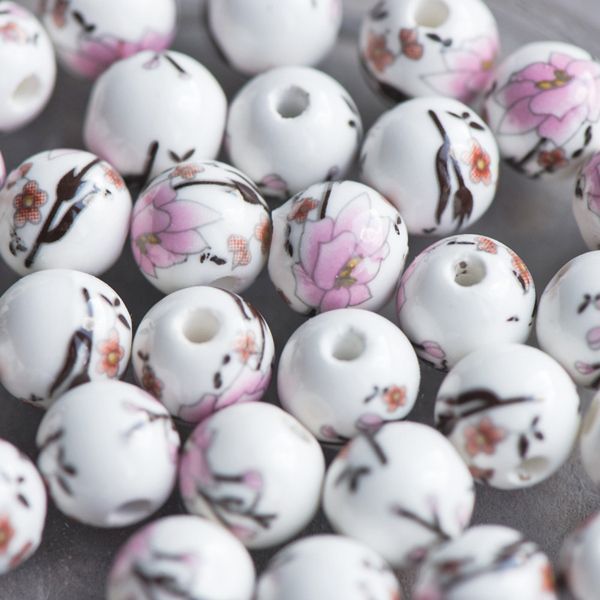 бусина, керамика "роза", цвет бело-розовый, 10 мм