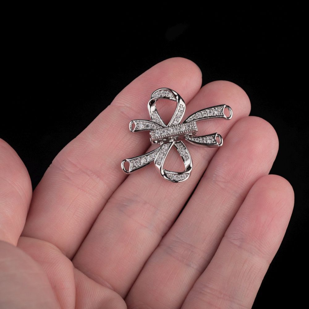 замок для украшений "бант", покрытие платина/циркон, 27x25x5 мм