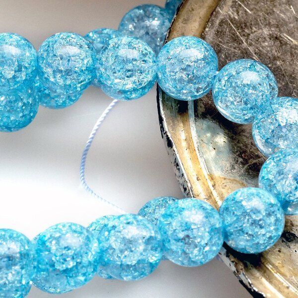 бусина, стекло "кракле", цвет голубой, 10 мм