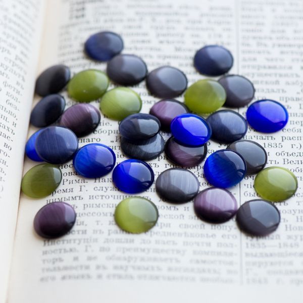 кабошон "кошачий глаз", стекло, цветовой микс, 14х3 мм