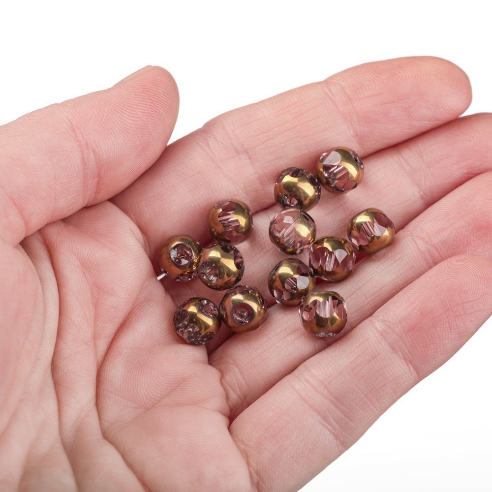 бусина, стекло, граненая, цвет дымчато-розовый/золото, 8 мм