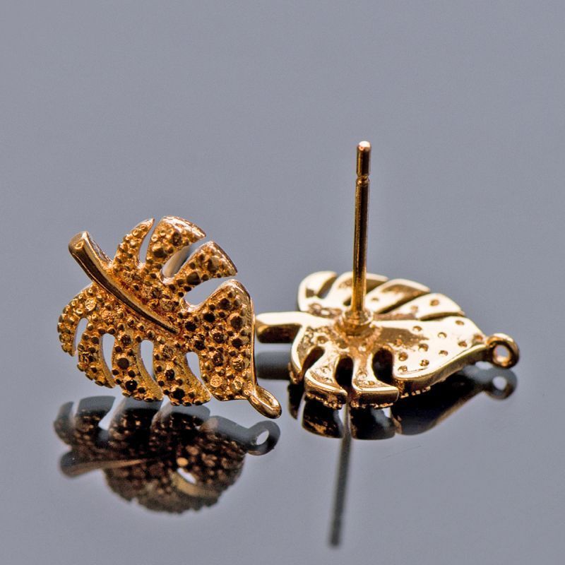 пуссеты "монстера", позолоченные, 14.5x10.5 мм