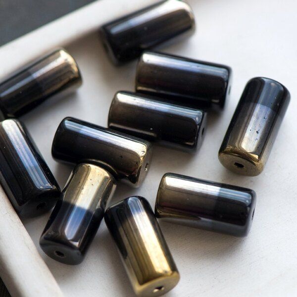 (им)бусина, стекло, "туба", цвет черный/зеркальный, 20x10 мм