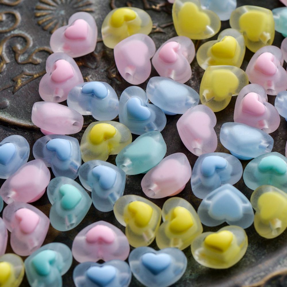 бусина, акрил "сердце", цветовой микс матовый, 13x17x9.5мм