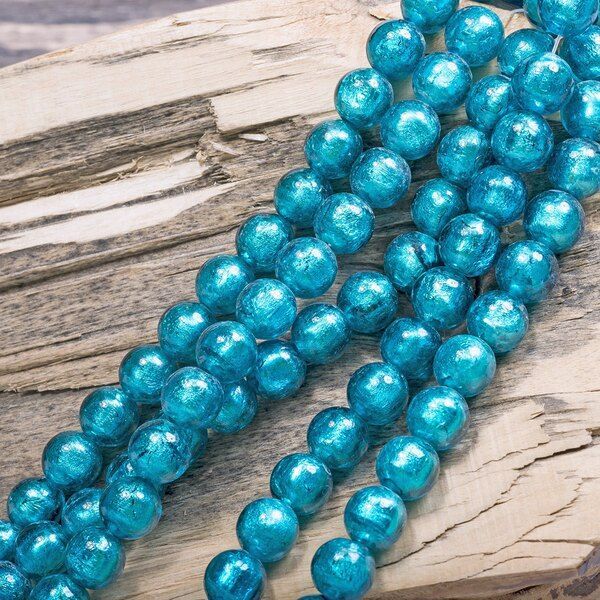 бусина, стекло с фольгой, цвет бирюзовый, 10 мм