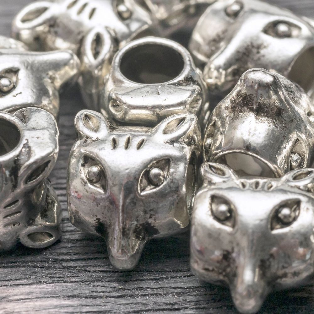 ес бусина металл "фокс", цвет античное серебро, 10х9х7 мм