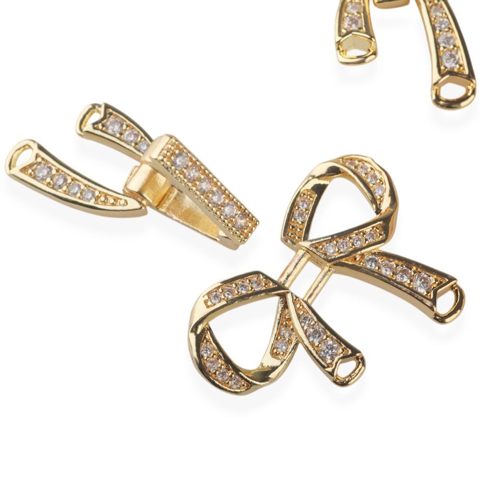 замок для украшений "бант", позолота/циркон, 27x25x5 мм