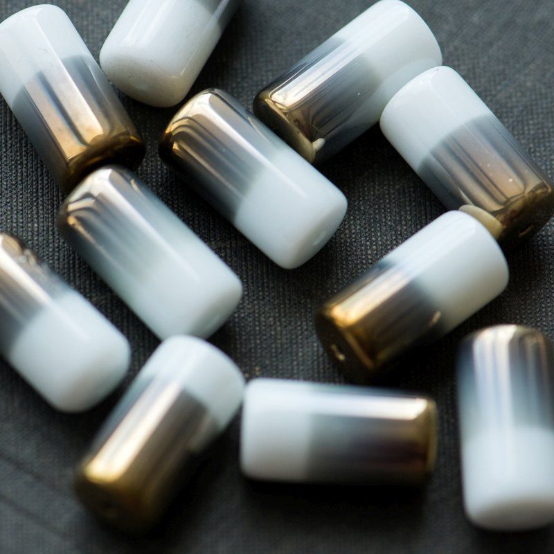 (им)бусина, стекло, "туба", цвет белый/зеркальный, 20x10 мм