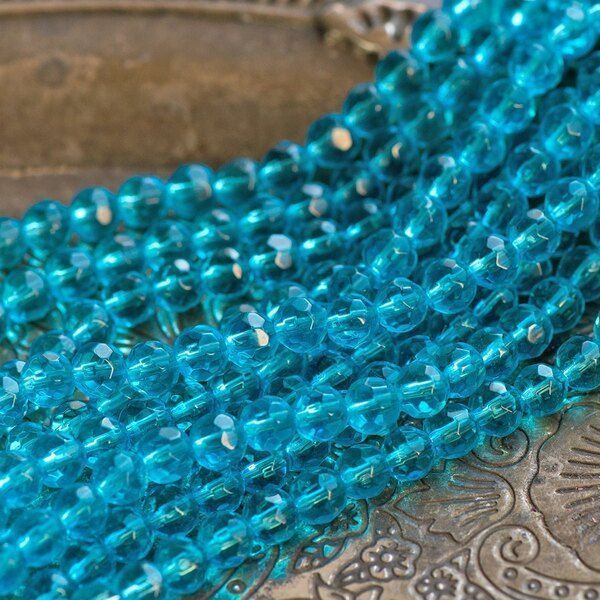 бусина, стекло 6, граненая, цвет яркий голубой, 6 мм