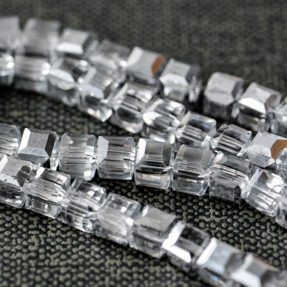 бусина, стекло "куб" 7, цвет прозрачный/серебряный, 7х7 мм