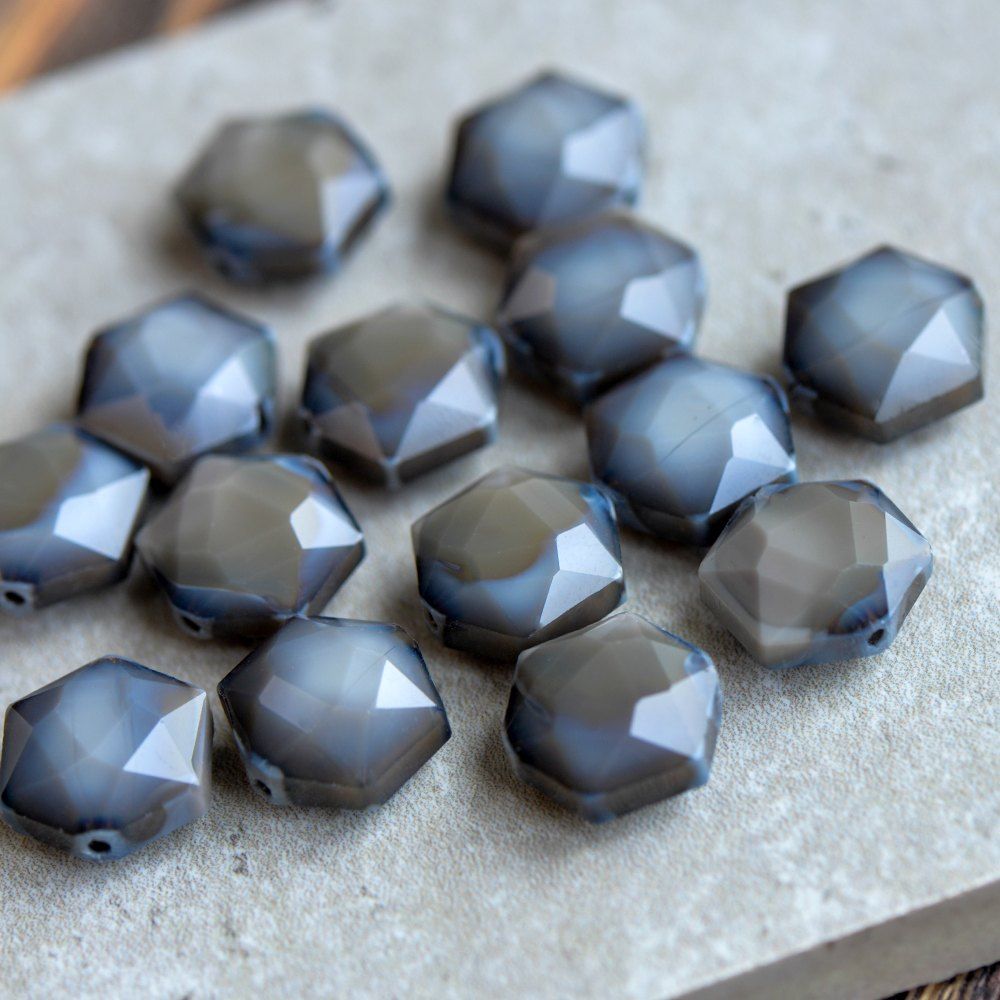 бусина, стекло, "гексагон", граненая, цвет серый, 14x8 мм