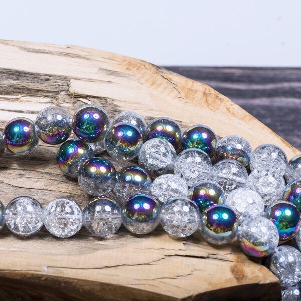 бусина, стекло "кракле", цвет прозрачный/бензиновый, 12 мм