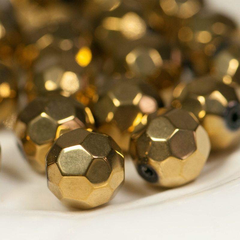 бусина, стекло 12, граненая, цвет золото, 12 мм