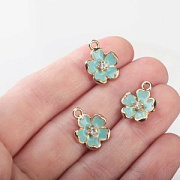 Подвеска металл "Цветок сливы", эмаль, св.золото/бирюзовый, 16x12.5x3 мм