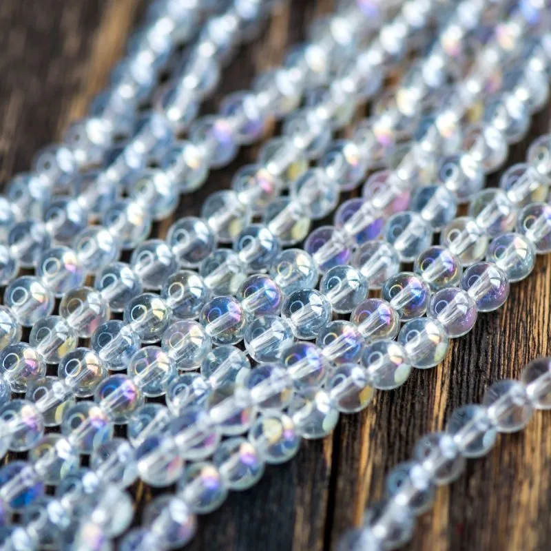 бусина, стекло 6, цвет прозрачный радужный, 6 мм