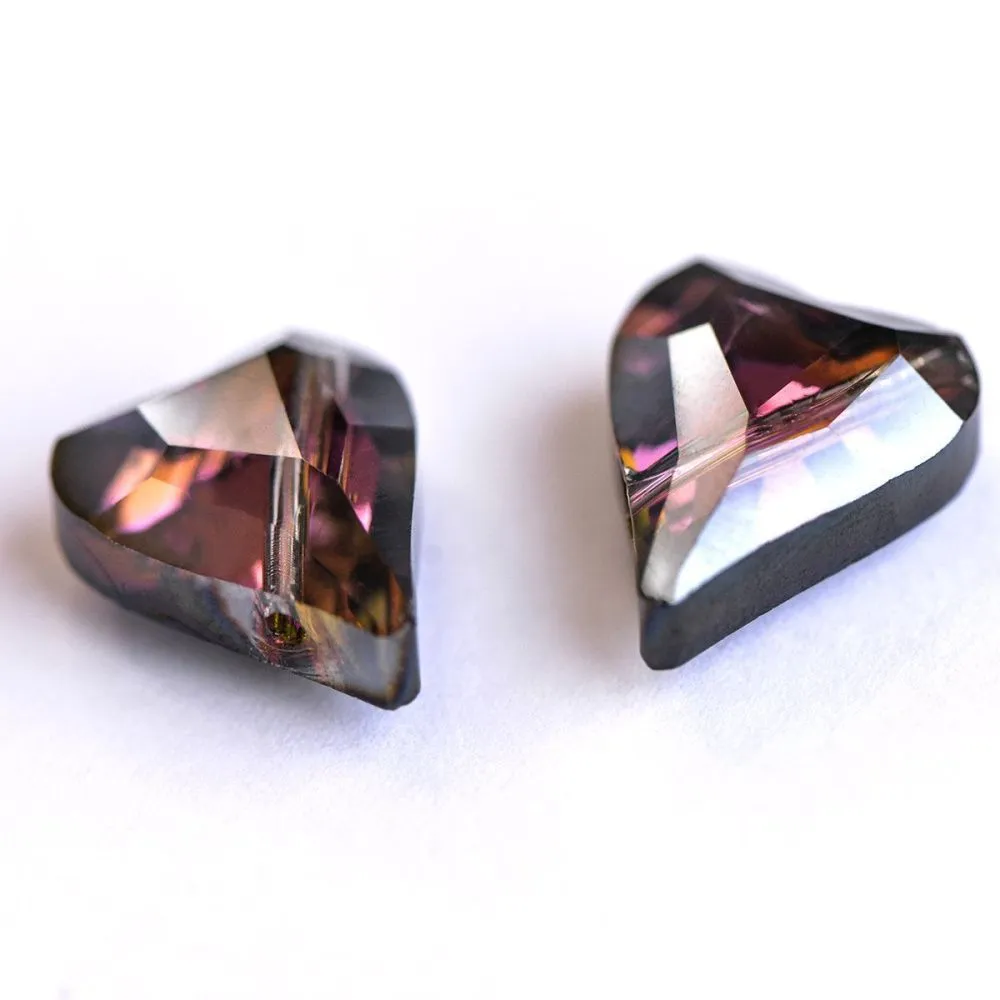 бусина, стекло, "сердечко", граненая, цвет фиолетовый радужный, 17x14x8 мм