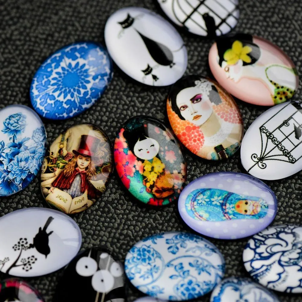 кабошон "микс-принт", стекло, мультиколор, 25х18х6 мм