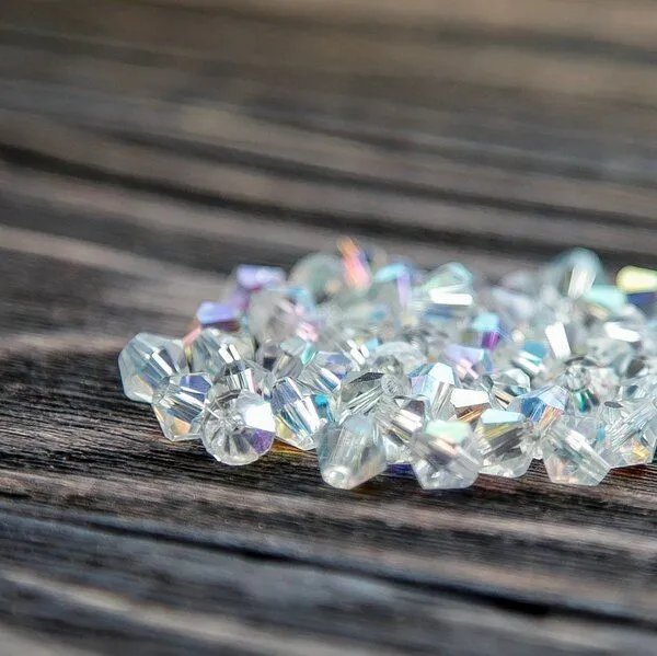 бусина, стекло биконус, цвет прозрачный радужный, 5-6 мм