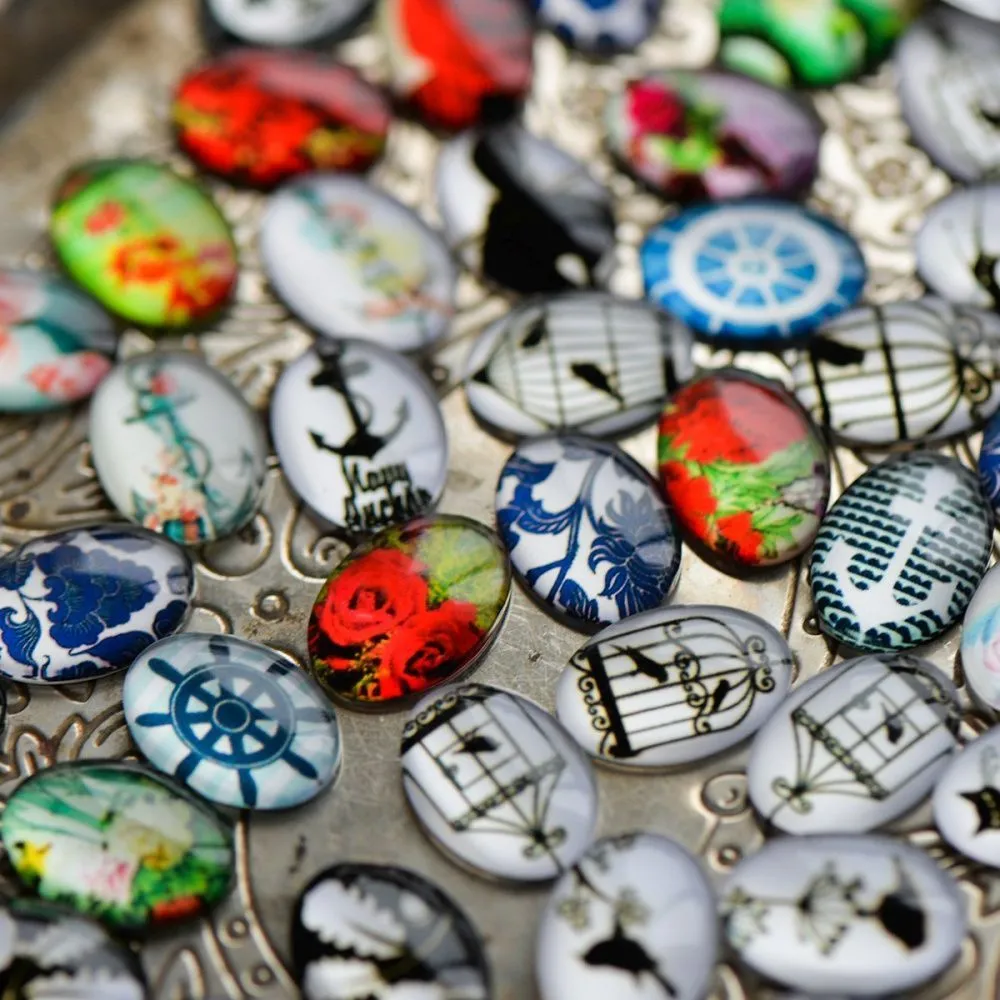 кабошон "микс-принт", стекло, мультиколор, 18х13х6 мм