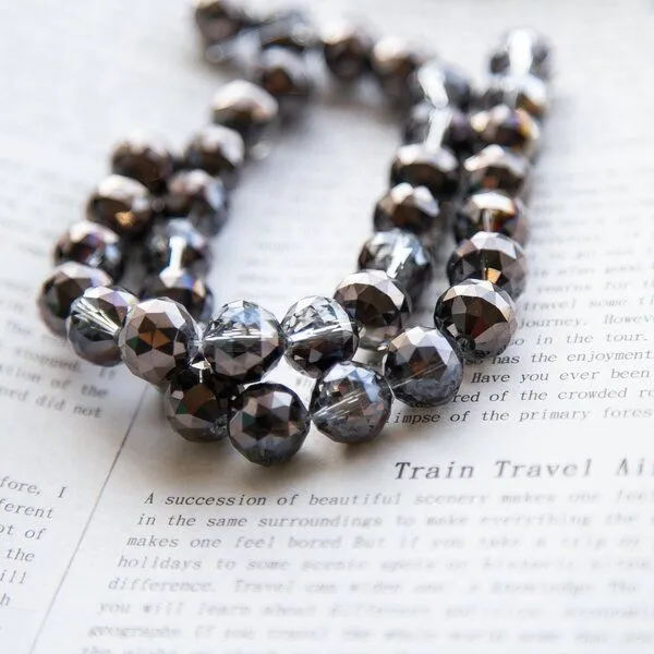 бусина, стекло 14, граненая, цвет прозрачный гематитовый, 14 мм