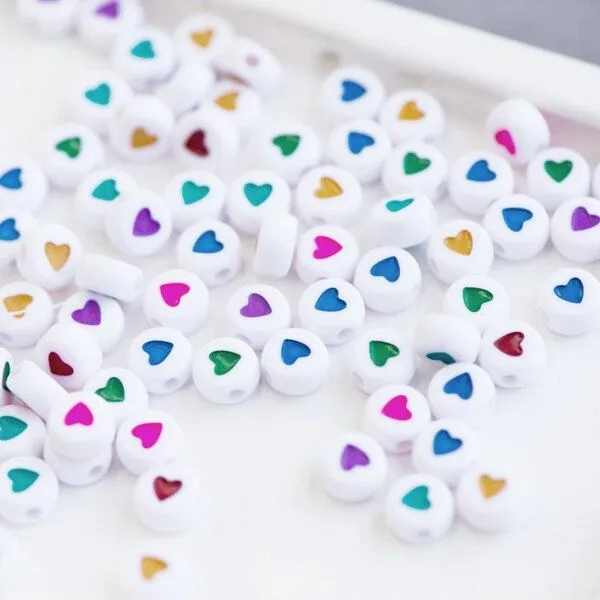 бусина, акрил "сердечки", плоская, цветовой микс, 7x7x3.5 мм