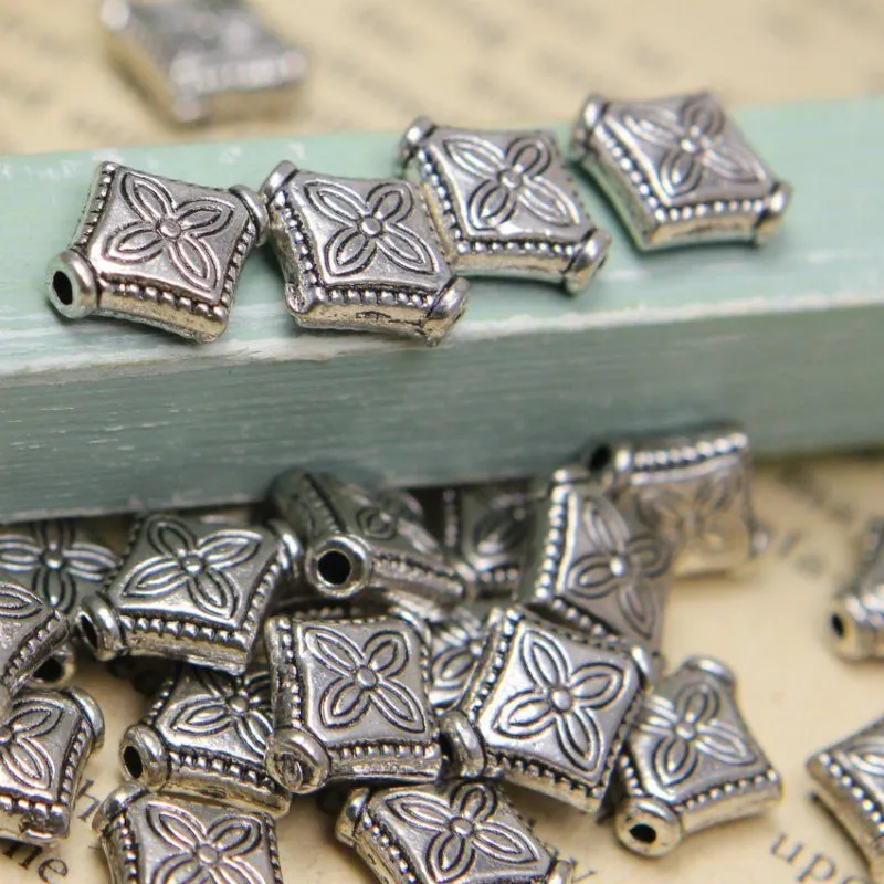 бусина, металл "ромб", цвет античное серебро, 10х9x3 мм