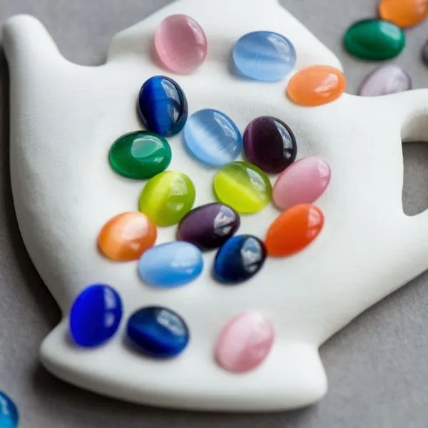 кабошон "кошачий глаз", стекло, цветовой микс, 10х8х3 мм