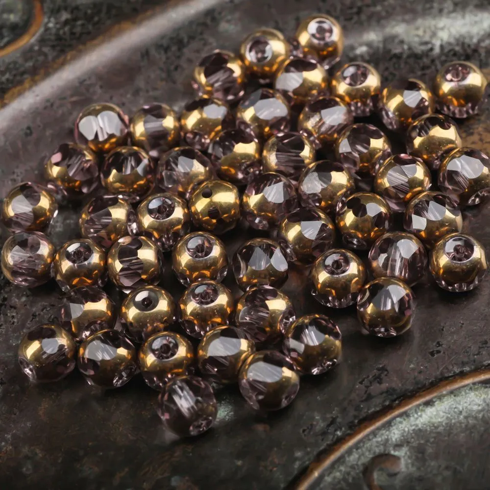 бусина, стекло, граненая, цвет дымчато-розовый/золото, 8 мм