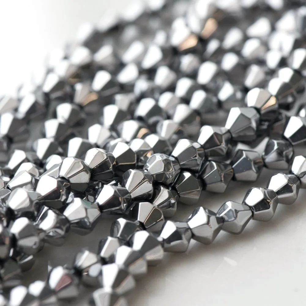 бусина, стекло биконус 6, цвет серебристый, 6 мм