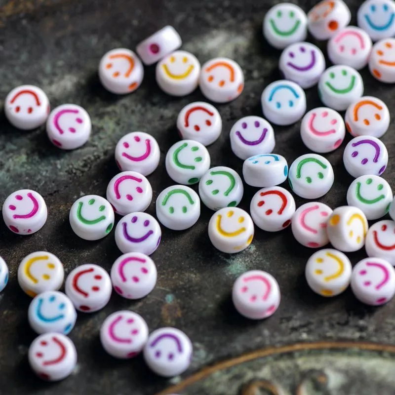 бусина, акрил "смайлик", плоская, цветовой микс, 7x3.5 мм