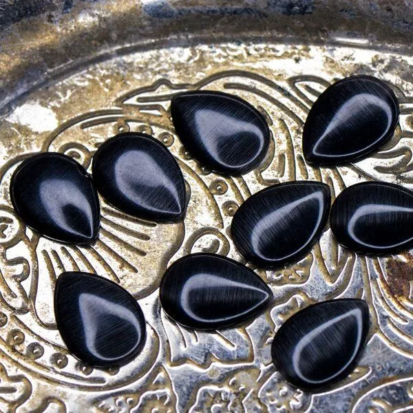 кабошон "кошачий глаз" капля, стекло, цвет черный, 14x10x2.5 мм