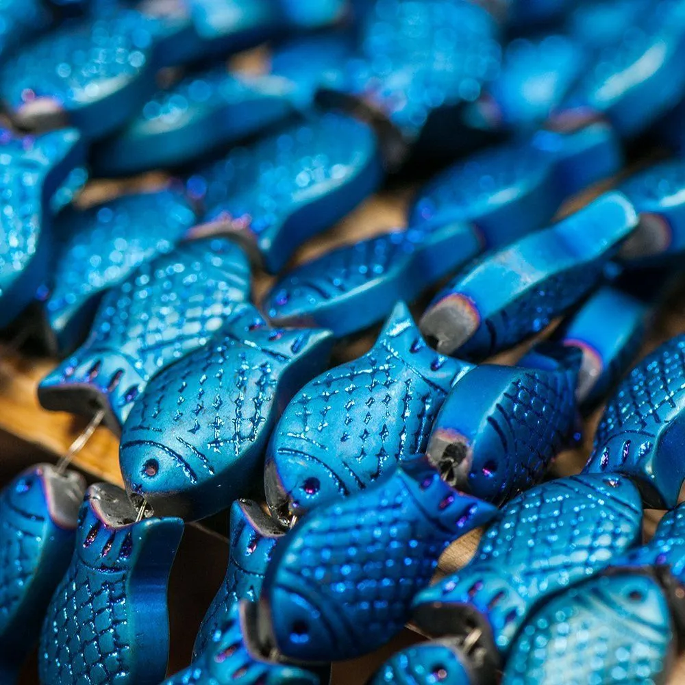 бусина "рыбка", стекло, цвет синий металлик матовый, 15х8х5 мм