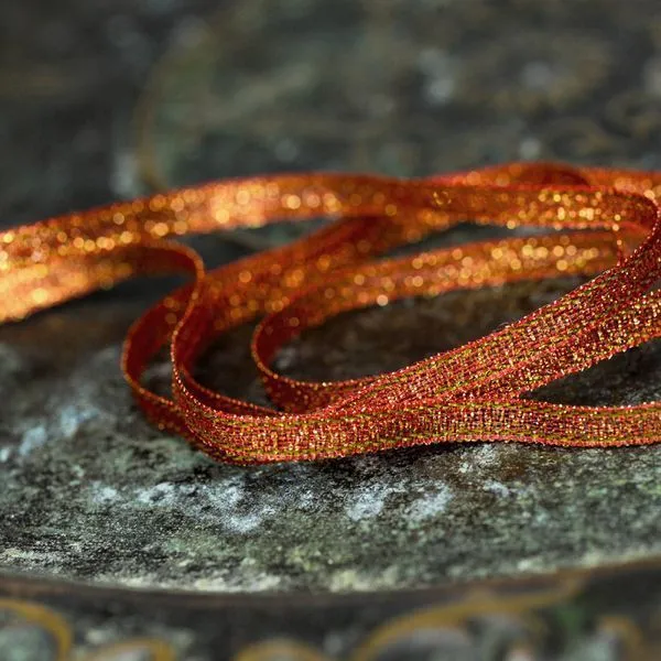 лента парчовая, цвет красно-золотой металлик, ширина 5 мм