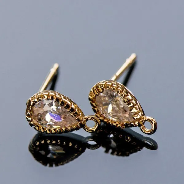 пуссеты "дроп", с цирконием, позолоченные, 9.5x5.5 мм 