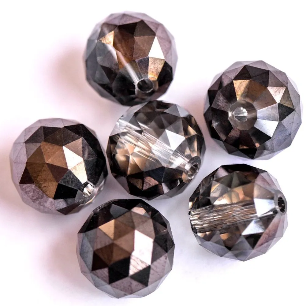 бусина, стекло 14, граненая, цвет прозрачный гематитовый, 14 мм